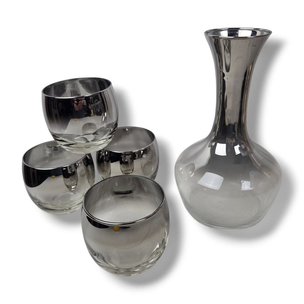 Vintage 1950s Lusterware Dorothy Thorpe Silver Fade Roly Poly Glasses Decanter